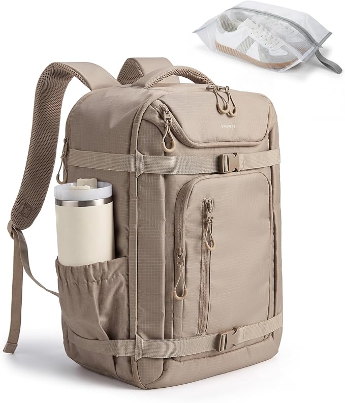 BAGSMART 40L Travel Backpack for Women & Men Fits 17-Inch Laptop, Airline Approved Carry On Backpack with Wet Pocket & Shoe Pouch, Water-Resistant Personal Item Travel Bag, Camel