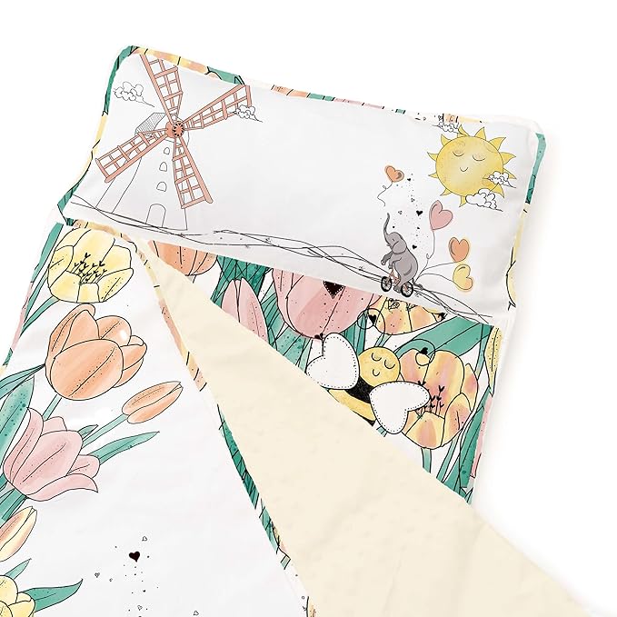 JumpOff Jo Extra Long Nap Mat for Kids - Cozy Kids Rest Mat with Removable Pillow and Ultra Soft Blanket for Preschool, Daycare, and Sleepovers - Tulip Fields