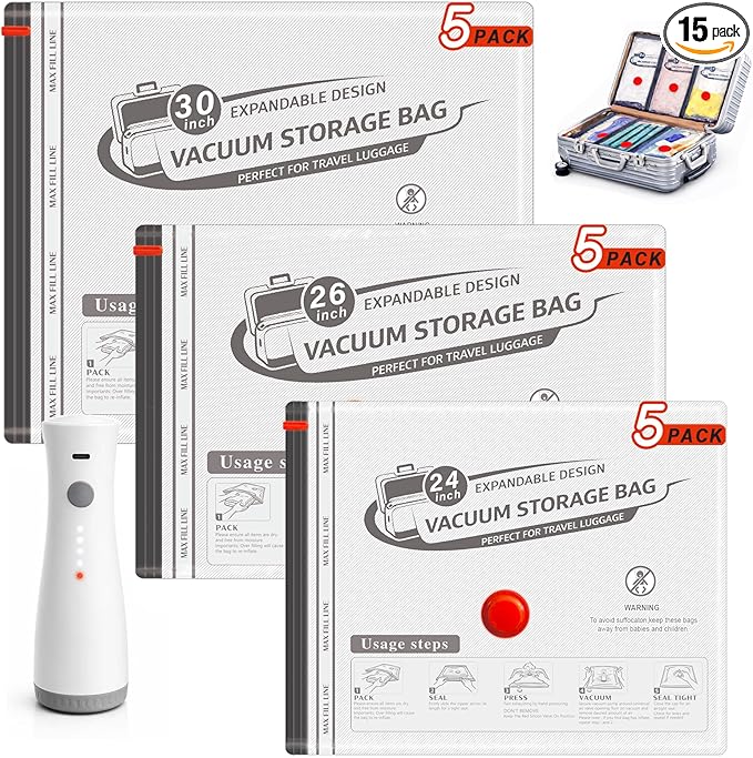 Vacuum Bags for Travel with Wireless Rechargeable Pump, Compression Space Saver Bags for Clothing, Luggage & Suitcase, 15 Combo Travel Size