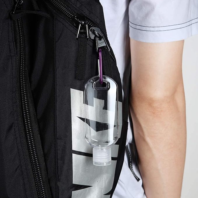 8 Pcs Travel Size Bottles with Keychain Hand Sanitizer Holder, 2 oz Portable Plastic Small Empty Bottles Leakproof Refillable Squeeze Containers for Backpack