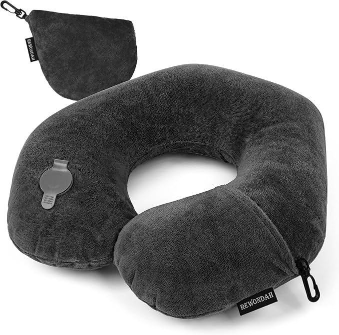 Rewondah Inflatable Travel Pillow, Inflatable Neck Pillow for Traveling Airplane, Travel Pillow with Soft Velour Washable Cover, U Shape Blow Up Neck Pillow for Airplanes Train Car Travel