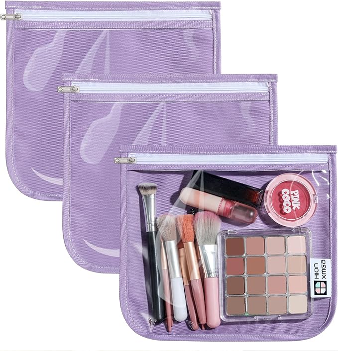 HIONXMGA TSA Approved Toiletry Bag, Set of 3 Clear Travel Toiletry Bag Quart Size Zipper Travel Pouch, Waterproof Makeup Cosmetic Bag for Women Men Kids Toiletries Carry on, Purple Large