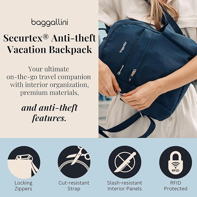 Baggallini Securtex® Anti-theft Vacation Travel Backpack 10x13 Slash-Resistant Nylon Daypack w/RFID, Portobello