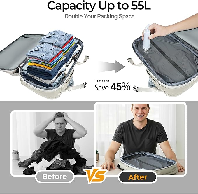 Vacuum Compression Backpack for Travel, Carry-On Backpack with Vacuum System & Pump, Packs Like 55L for 5-7 Day Trips, Fits 17" Laptop, Water-Resistant Business Travel Backpack for Men/Women