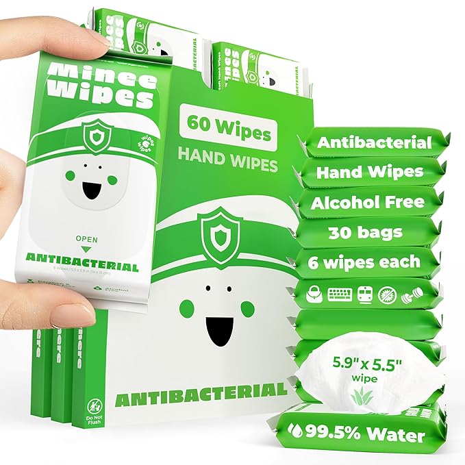 Impossibly Compact Travel Antibacterial Wipes Hand Sanitizer - 99.5% Water and Aloe - Safe for Sensitive Skin & Hypoallergenic Hand Wipes - Travel Essentials For Adults & Kids, 30 Pack Total 180 Wipe