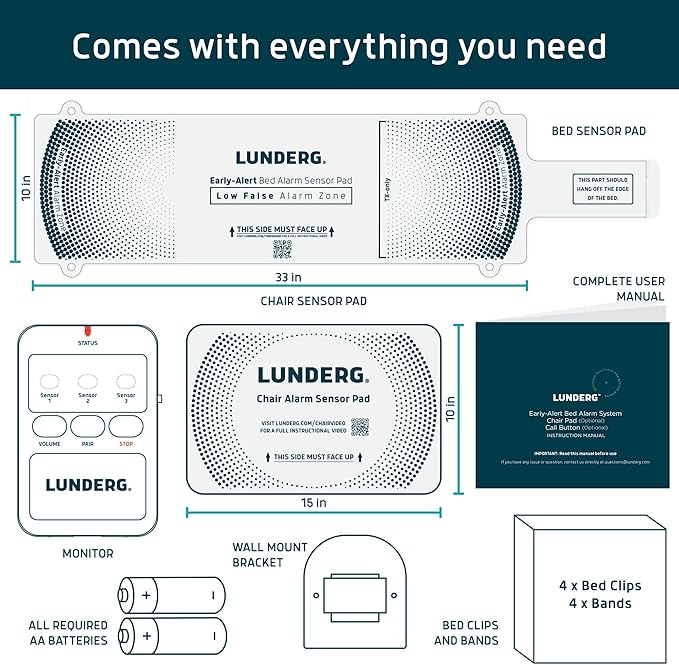 Lunderg Wireless Bed & Chair Alarm Set - Alerts Caregiver Before They Get Up, No in-Room Alarm to Disturb Elderly Loved Ones, Early-Alert Bed Pad, Chair Pad & Pager, Fall Prevention for Dementia Care