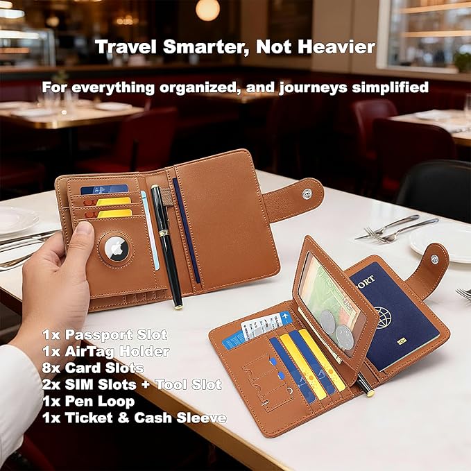 Passport Holder for Travel, RFID Blocking Leather Airtag Wallet for Women Men, Large Passport Cover Essentials Gift, Tickets, Cash, Photo, Sim Card Pen Slot, Brown