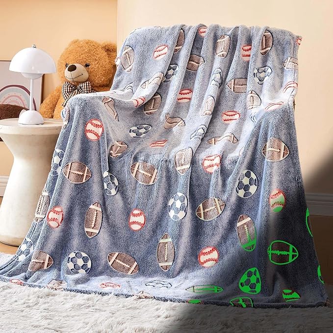 Wajade Sports Balls Gifts Toys for Boys Girls - Glow in The Dark Sports Balls Blanket Birthday Christmas Decor for Kids Age 3 4 5 6 7 8 9 10 11 12 Years Old Teens Child Throw Light Grey 50"x60"