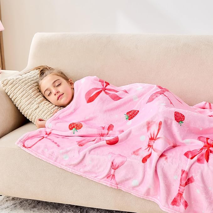 Wajade Strawberry Bow Gifts for Boys Girls - Strawberry Bow Blanket Birthday Christmas Decor for Kids Age 3 4 5 6 7 8 9 10 11 12 Years Old Teens Child Toddler Throw Light Grey 60"x80"