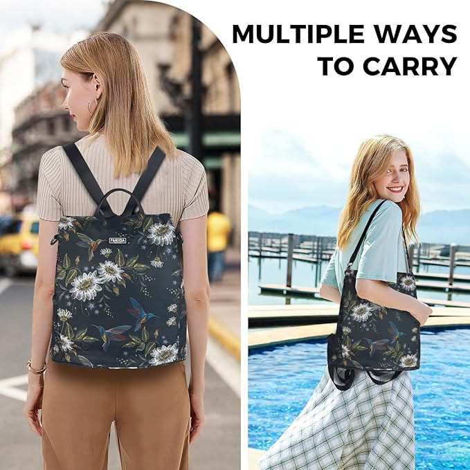 Fmeida Backpack Purse for Women Travel Anti-Theft Backpack Convertible Nylon Daypack with Hidden Back Zipper Opening Hummingbird