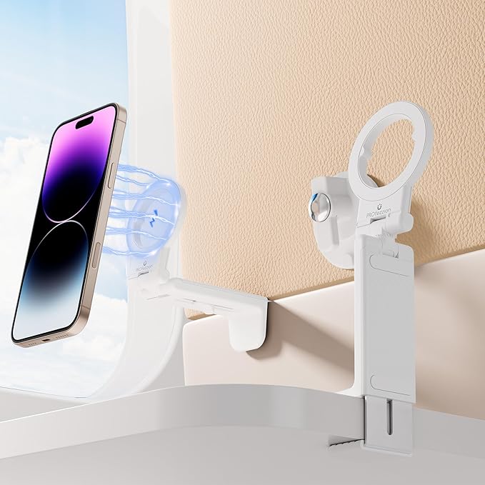 PROfezzion Magnetic Airplane Phone Holder for MagSafe iPhone 17, 16, 15, 14, 13, 12 & All Phones, Handsfree Plane Phone Mount for Seat Tray Table, Travel Essentials Must Have Accessories for Flying
