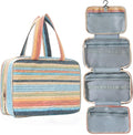 Toiletry Bag with Hanging Hook Straw Rainbow Stripes Cosmetic Bag Water-resistant Travel Bag Preppy Makeup Bag for Store Toiletries Cosmetic Accessories and Sets for Women Blue