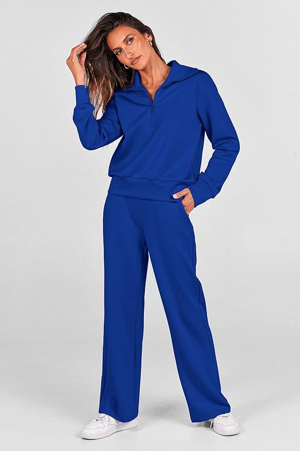 PRETTYGARDEN Women's 2 Piece Outfits Casual Lapel Half Zip Sweatshirts and Wide Leg Pants Tracksuit Sets