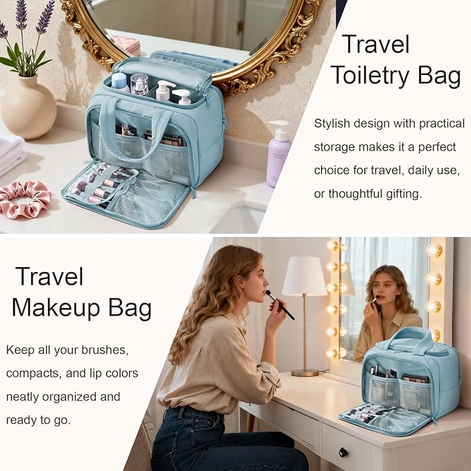 Bagstellar Travel Toiletry Bag for Women, Lightweight Large Quilted Puffy Makeup Bag Wide-open Make up Organizer Cloud Cosmetic Bag w/Handle for Traveling Toiletries Essentials Accessories Light Blue