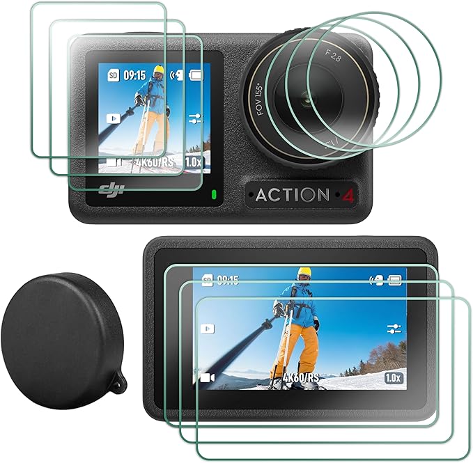 FiTSTILL Tempered Glass Screen Protector with Silicone Lens Cap for DJI Osmo Action 4,Ultra HD 9H Hardness,Scratch Resistant Bubble Free Action 4 Accessories