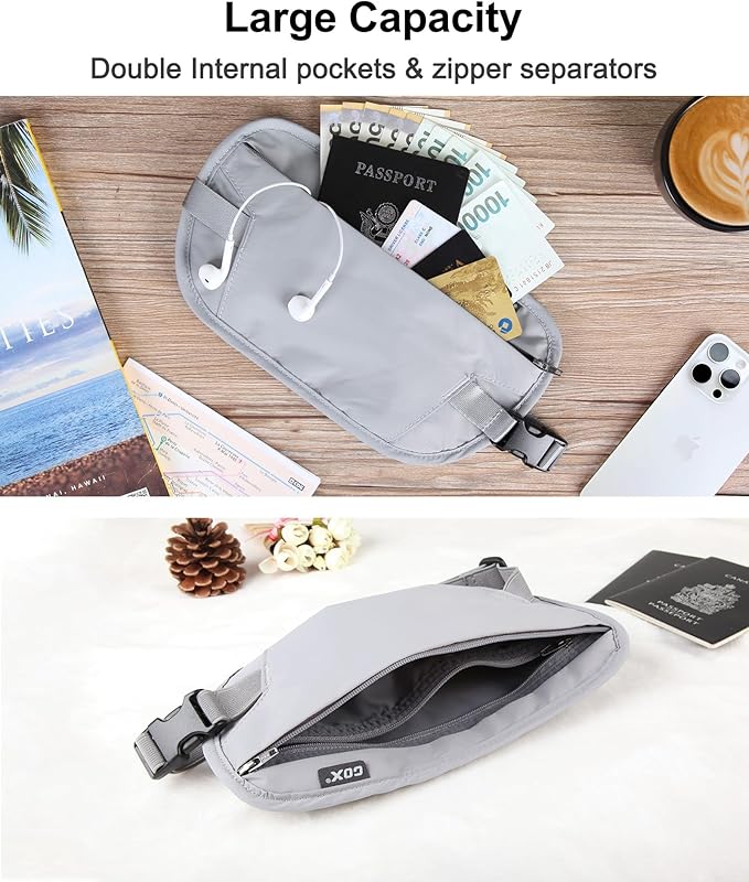 GOX Money Belt for Men Travel, Anti-Theft Hidden Waist Pack, RFID Secure Travel Belt for Men, Ultra-Thin Under-Clothes Passport Wallet with Documentry Safety & Money Holder (Grey-L)