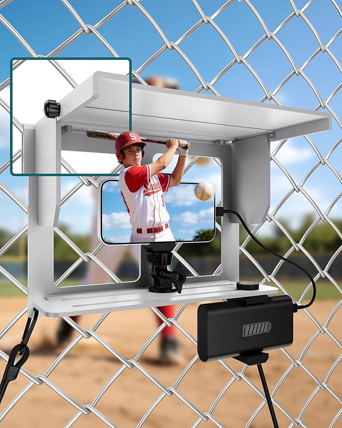 Stouchi Game Changer Mounting Kit, Fence Mount with Adjustable Sun Shade Power Bank Clip, Stable No-Shake Recording Kit for iPhone, Samsung, GoPro, Mevo Start for Baseball Softball Tennis-Silver