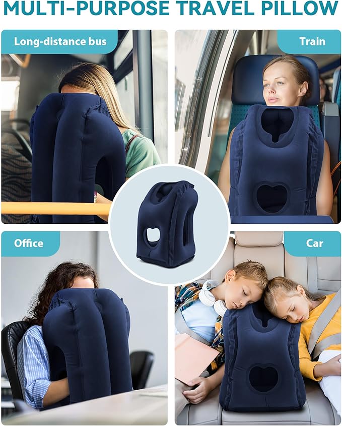 JefDiee Inflatable Travel Pillow, Airplane Neck Pillow Comfortably Supports Head and Chin for Airplanes, Trains, Cars and Office Napping with 3D Eye Mask, Earplugs and Portable Drawstring Bag (Blue)