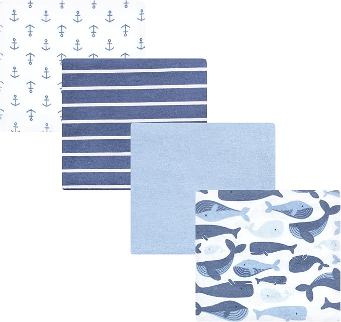 Hudson Baby Unisex Baby Cotton Flannel Receiving Blankets 4-Pack, Cute Whales, One Size