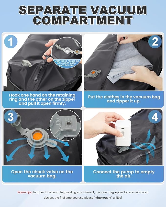 VGCUB Vacuum Backpack Travel with Pump Vacpack System Storage Compression Carry on Laptop Work Business Waterproof College Bags Casual Daypack Backpacks for Women Men Black