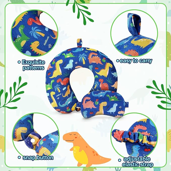 Gilprop 2 Pcs Dinosaur Travel Pillow with Sleep Eye Mask, U Shaped Memory Foam Headrest & Neck Pillow with Washable Cover, Soft Neck Head Support Travel Accessories for Airplane Car Train Bus Trips