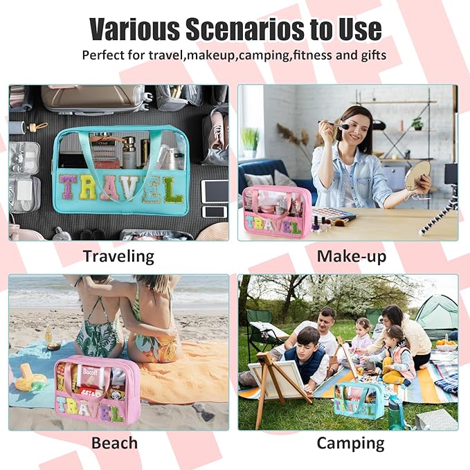 BuyCard Chenille Letter Patch Clear Travel Bags, Preppy PVC&Nylon Makeup Bag with Handle and Zipper, Waterproof Large Clear Travel Toiletry Bag Storage Bag for Women Girls