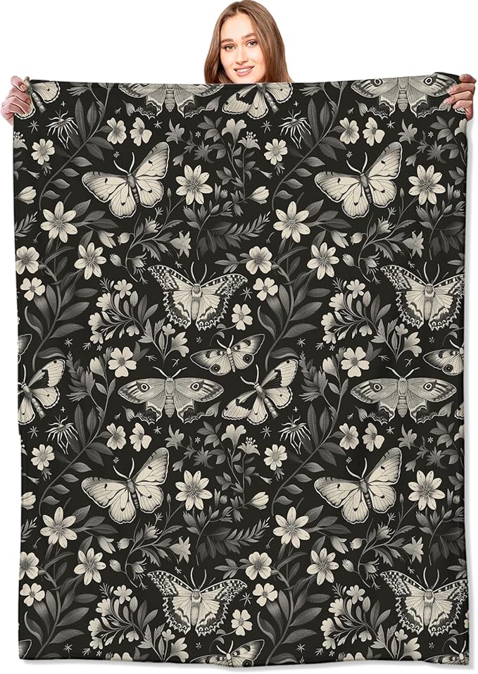 Vintage Moth Blanket Classic Black White Goth Floral Flower Throw Blankets Gifts for Men Women Lightweight Soft Fleece Cozy for Sofa Couch Bed Room Travel Birthday Party Decor 60x80in