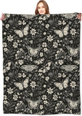 Vintage Moth Blanket Classic Black White Goth Floral Flower Throw Blankets Gifts for Men Women Lightweight Soft Fleece Cozy for Sofa Couch Bed Room Travel Birthday Party Decor 60x80in