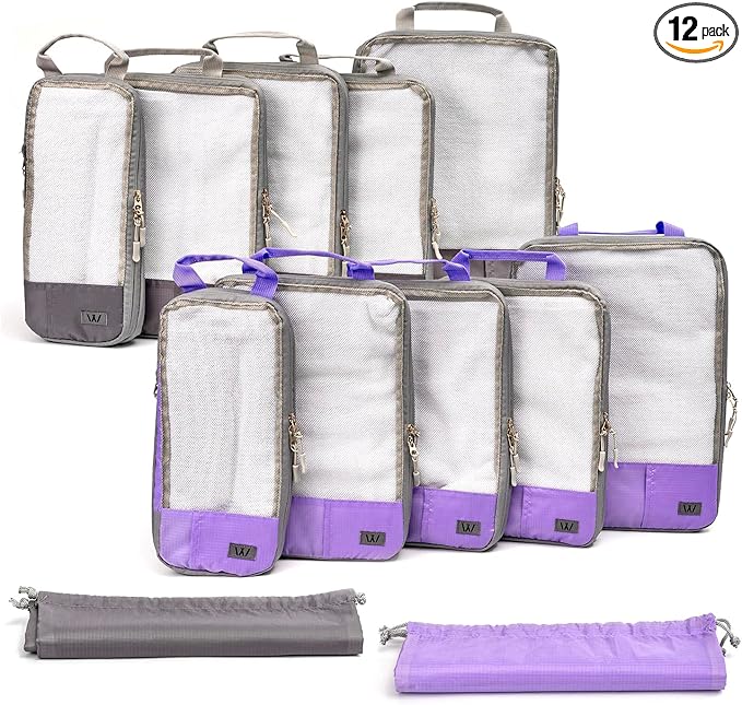 12 Pc Set Compression Packing Cubes - WONGLE His and Hers Family Travel Organizer Compressible Packing Cubes for Suitcases, Luggage Organizer Bags, Travel Accessories, Shoe Bag (Purple/Grey)