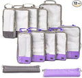 12 Pc Set Compression Packing Cubes - WONGLE His and Hers Family Travel Organizer Compressible Packing Cubes for Suitcases, Luggage Organizer Bags, Travel Accessories, Shoe Bag (Purple/Grey)