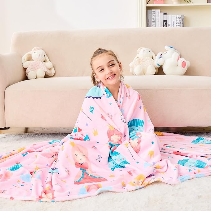 Wajade Kids Pink Princess Blanket for Girls Soft Fleece Blanket for Couch Sofa Bedroom Princess Fairy Tales Castle Throw Blanket for Kids Teens 50"x60"