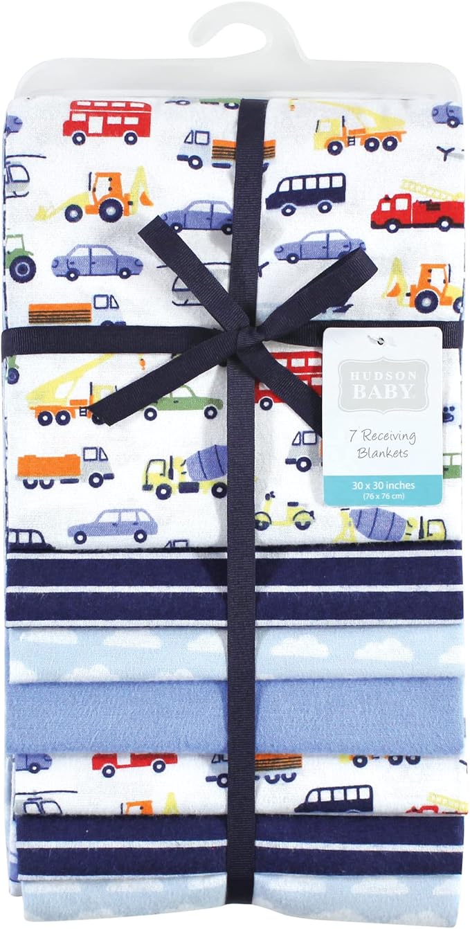 Hudson Baby Unisex Baby Cotton Flannel Receiving Blankets Bundle, Colorful Transportation, One Size