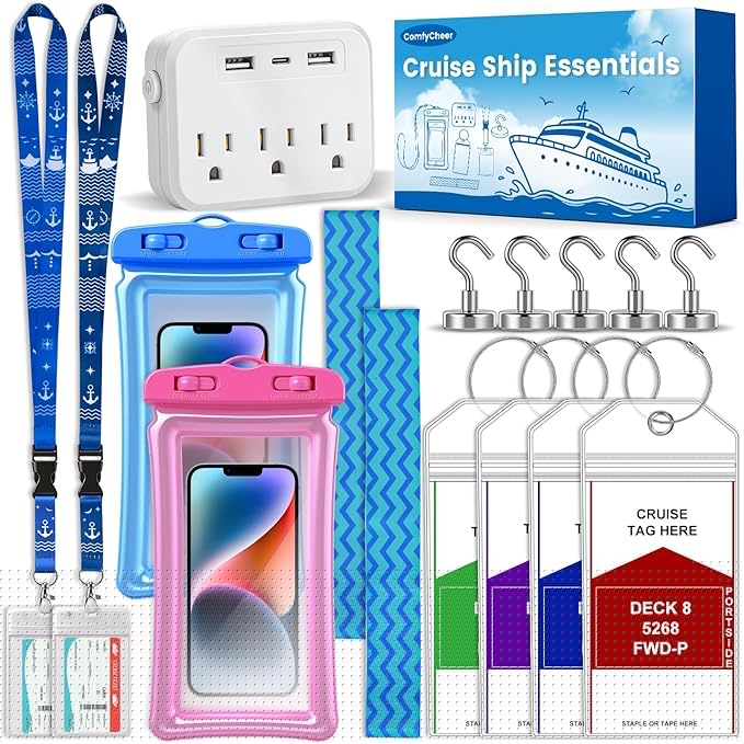 Cruise Essentials 2026,Cruise Must Haves Kit,Non-Surge Protector Power Strip,Magnetic Hooks,Lanyards,Luggage Tags,Towel Bands,Waterproof Phone Pouches,Travel Essentials