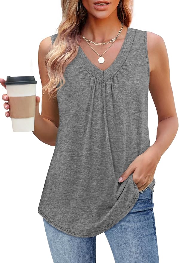 OFEEFAN Tank Top for Women Loose Fit Sleeveless Shirts V Neck Summer Clothes Ruched Women's Tees and Tanks Curved Hem