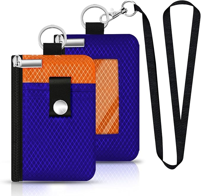 Minimalist RFID Blocking Small Wallet with ID Window,WaterResistant Zip Id Case Wallet with Lanyard Keychain for Cards,Cash,Travel,Women,Men (Sapphire Blue/Orange)