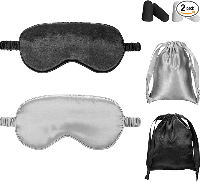 Silk Satin Sleeping Mask Eye Mask Set Include 2 Blindfold Eyeshade Elastic Strap Double Layer Silk Filling Eye Cover 2 Ear Plugs 2 Storage Bags for Women and Men Sleep Travel Nap (Black, Gray)