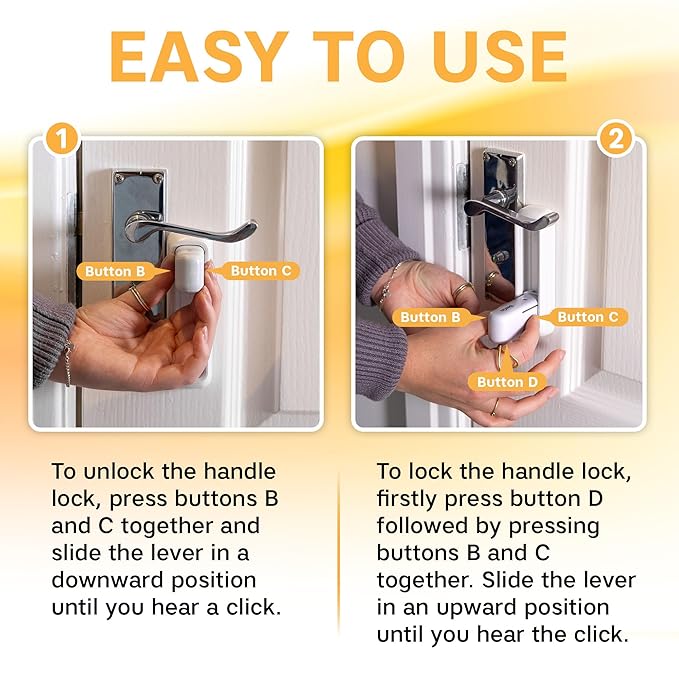 Child Proof Door Lock - 2 Pack Door Lever Locks, No Drilling, 3M Self Adhesive, Kids Safety - Child Locks for Door, Door Handle Child Proof