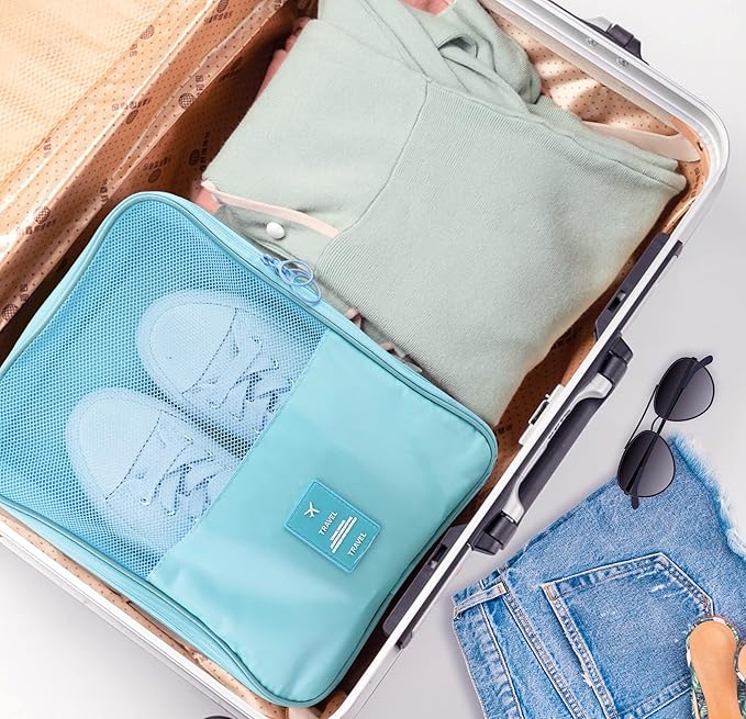 Travel Shoe Bag Waterproof Shoe Organizer Bag Holds 3 Pair of Shoes Shoe Packing Cube for Suitcase Travel and Daily Use Storage Pouch with Handle (Blue)