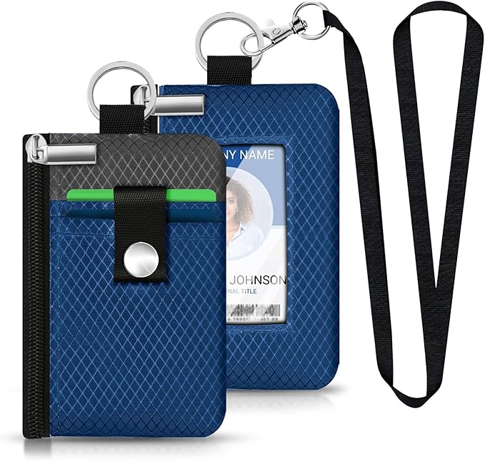 Minimalist RFID Blocking Small Wallet with ID Window,WaterResistant Zip Id Case Wallet with Lanyard Keychain for Cards,Cash,Travel,Women,Men (Electric Blue/DarkGrey)