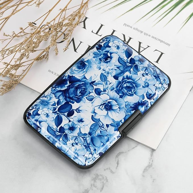 ELFISH RFID Blocking Credit Cards Holder Aluminum Wallet Metal ID Case for Men Women(Blue and White Peony)