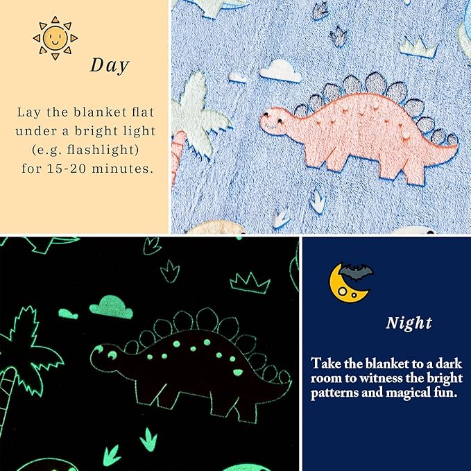 Wajade Dino Gifts Toys for Boys Girls - Glow in The Dark Dinosaur Blanket Birthday Christmas Decor for Kids Age 3 4 5 6 7 8 9 10 11 12 Years Old Teens Child Toddler Throw Colorful 50"x60"