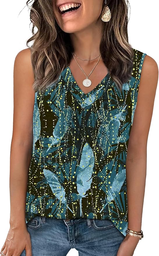 OFEEFAN Tank Top for Women Loose Fit Sleeveless Shirts V Neck Summer Clothes Ruched Women's Tees and Tanks Curved Hem