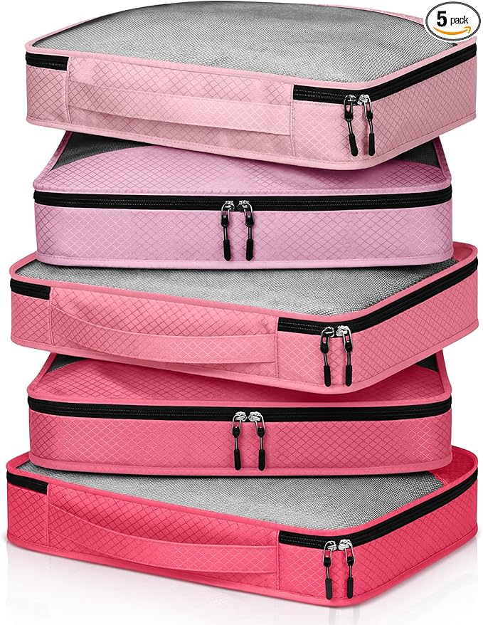 5 Pcs Packing Cubes for Suitcase Large Travel Cubes Carry on Luggage Organizer Bags for Clothes Accessories(L,Pink)