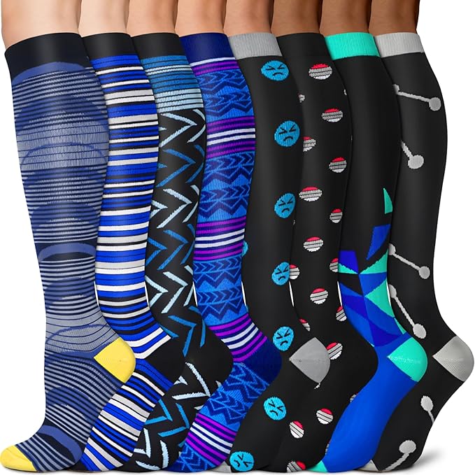 Sooverki Copper Compression Socks for Men & Women 8 Pack 15-20mmHg - Knee High Stockings Best Support for Running Athletic