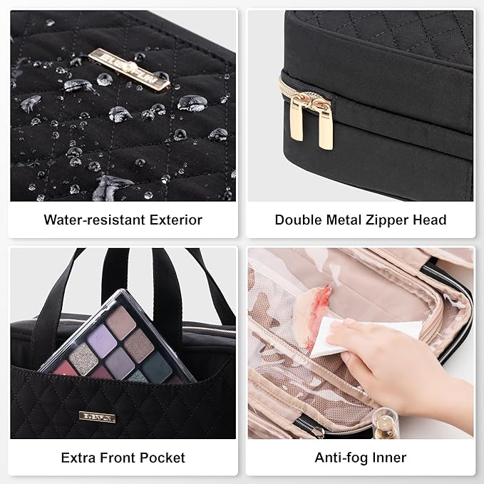 Everfun Hanging Toiletry Bag for Travel, 11x7.75x4.5 inch Medium Capacity Cosmetic Organizer with Leakproof Wet/Dry Compartment, Waterproof Dopp Kit Toiletries Bag for Women Black