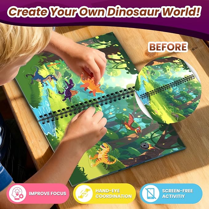 Dinosaur Reusable Sticker Book for Toddlers, DIY Make-a-face Animals Jelly Fun 3D Stickers, Washable Puffy Stickers for Kids Toys, Airplane Road Trip Travel Activities Essentials for Kids 3 4 5 Years