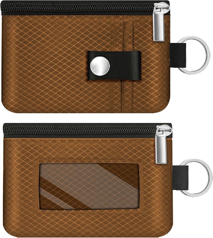 Minimalist RFID Blocking Small Wallet with ID Window,WaterResistant Zip Id Case Wallet with Lanyard Keychain for Cards,Cash,Travel,Women,Men (Brown)