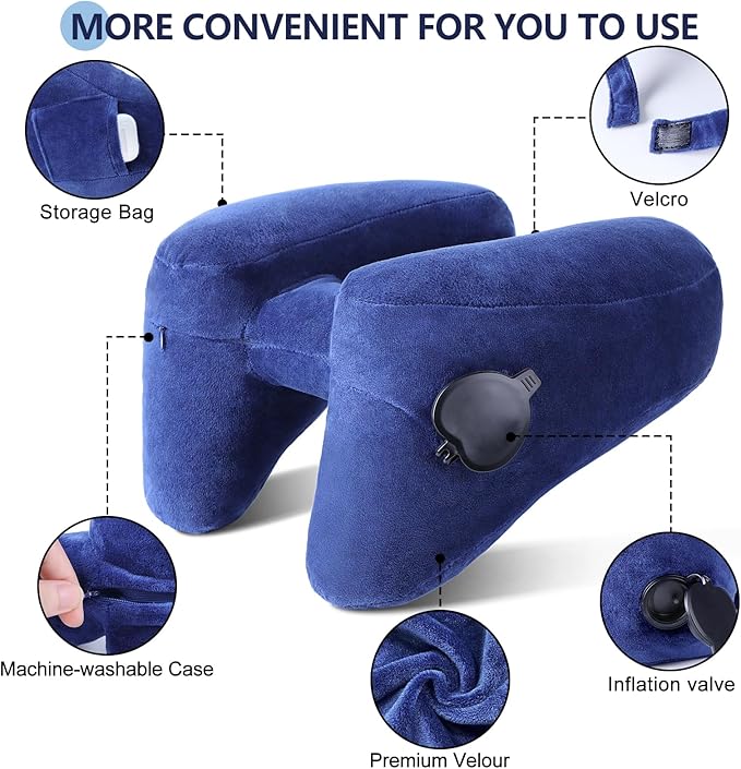 Sunany Travel Neck Pillow for Airplane Pillow Comfortably Supports Head, Neck and Chin, Inflatable Travel Pillow with Soft Velour Cover and Portable Drawstring Bag (Black) (Blue, H)