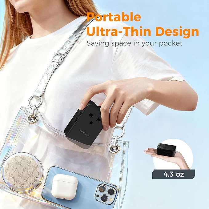 TESSAN International Power Adapter PD 25W, Ultra Thin Universal Travel Adapter, Worldwide Outlet Plug with 2 USB A 2 USB C for US to European UK Australia Ireland (Type C G A I) Black