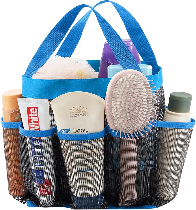 Lifewit Mesh Shower Caddy Portable for College Dorm Room Essentials with 7 Pockets, Freestanding Hanging Organizer Basket, Quick Dry Tote Bag for Camping, Bathroom, Beach, Travel, 1 Pack, Blue